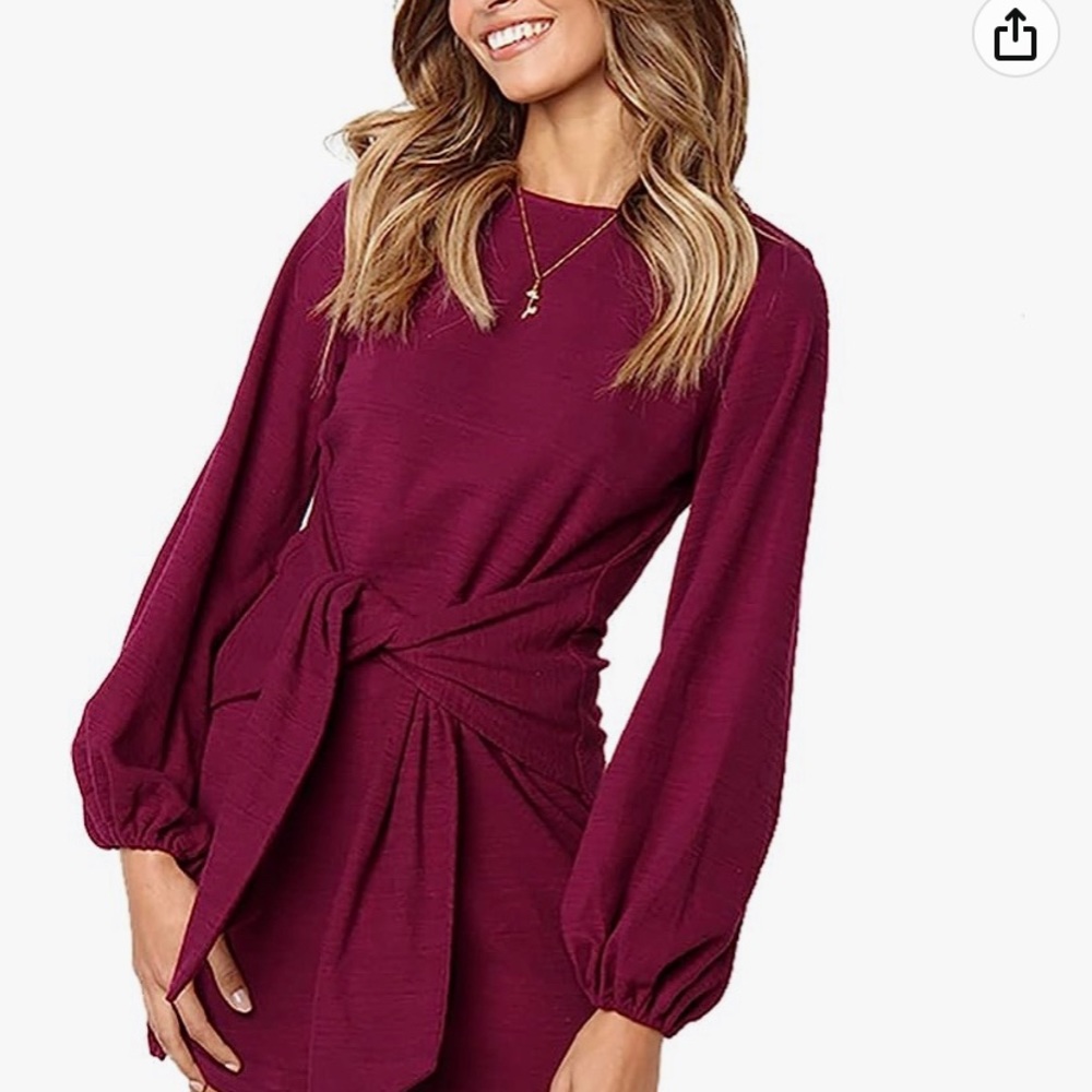 Lantern sleeve short dress wine red size large